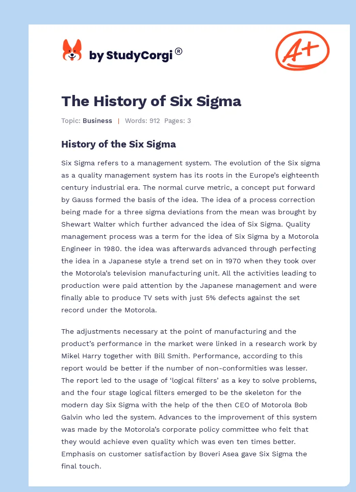 The History of Six Sigma. Page 1