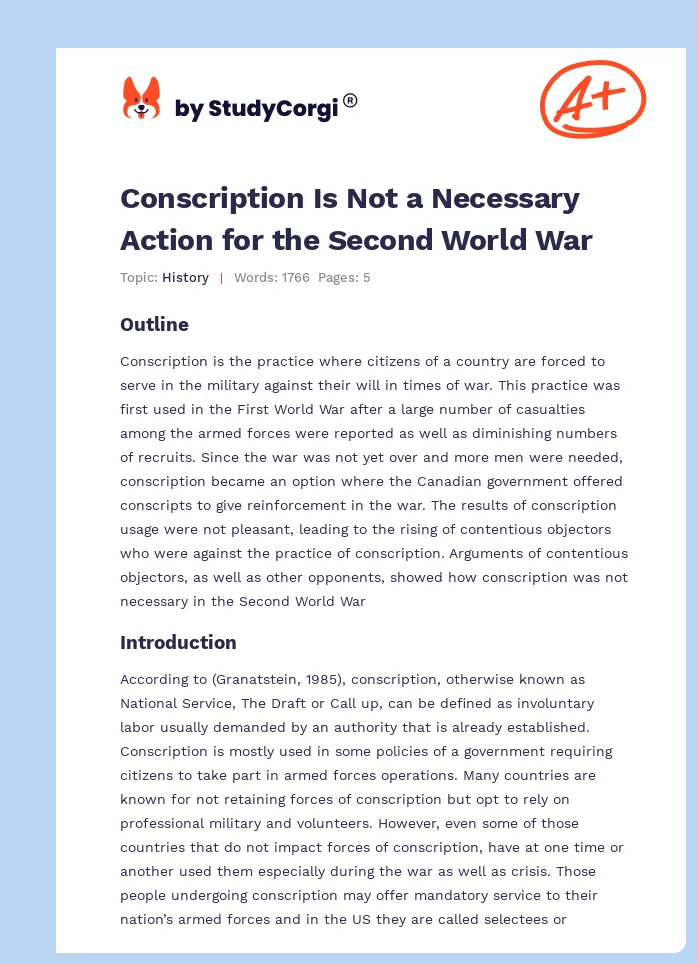 Conscription Is Not a Necessary Action for the Second World War. Page 1