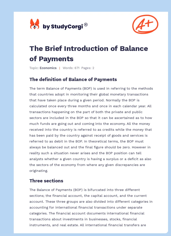 The Brief Introduction of Balance of Payments. Page 1