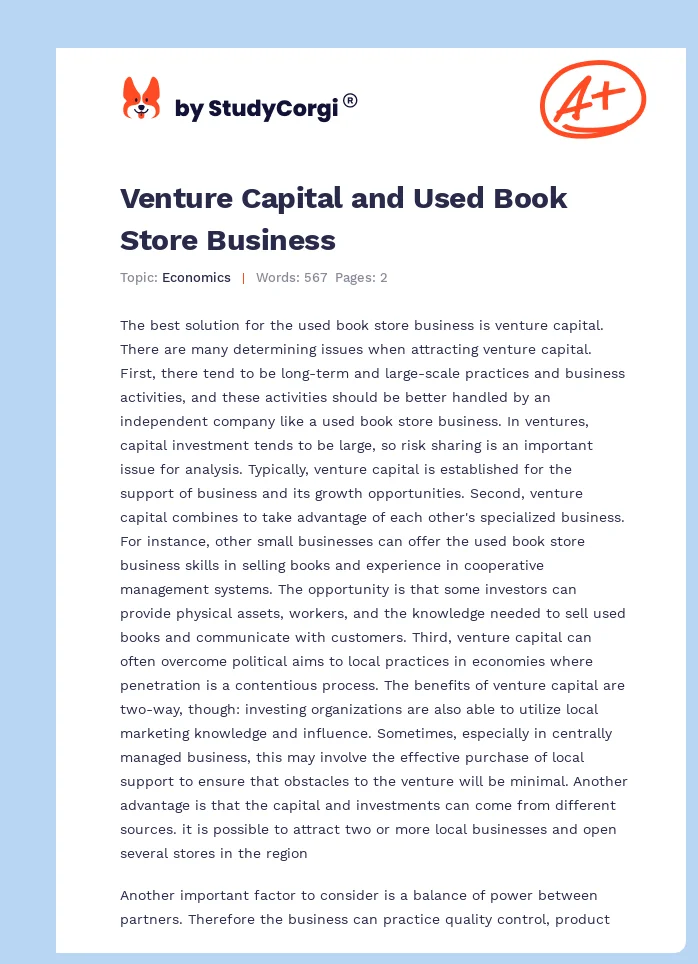 Venture Capital and Used Book Store Business. Page 1
