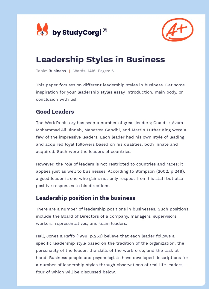Leadership Styles in Business. Page 1