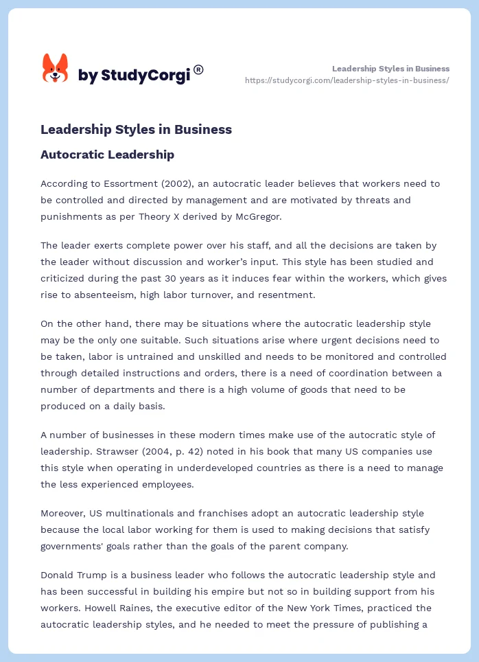 Leadership Styles in Business. Page 2