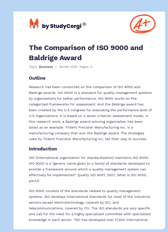 The Comparison of ISO 9000 and Baldrige Award. Page 1