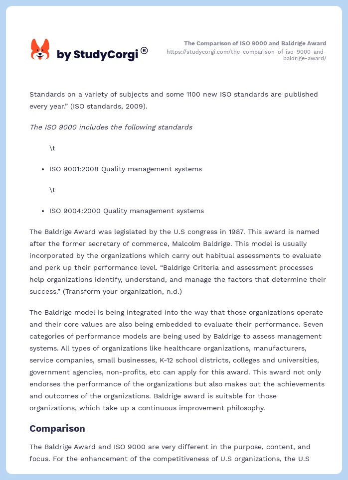 The Comparison of ISO 9000 and Baldrige Award. Page 2
