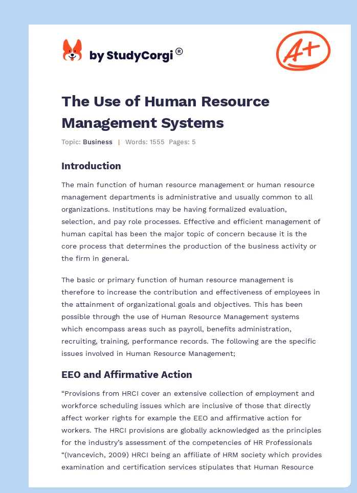 The Use of Human Resource Management Systems. Page 1