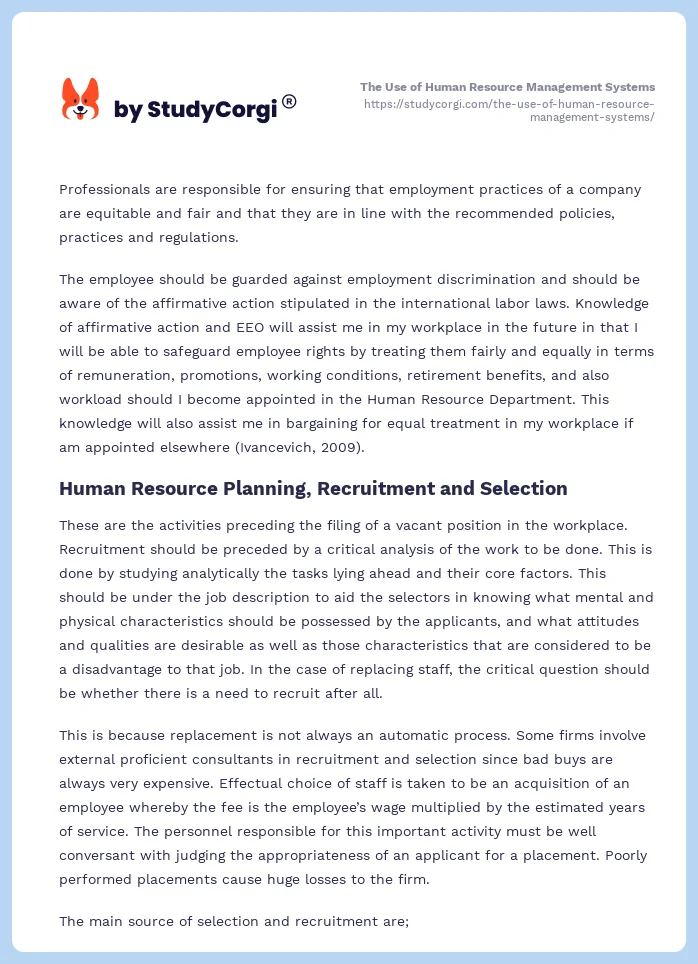 The Use of Human Resource Management Systems. Page 2