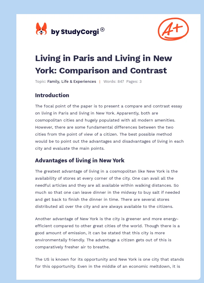 Living in Paris and Living in New York: Comparison and Contrast. Page 1