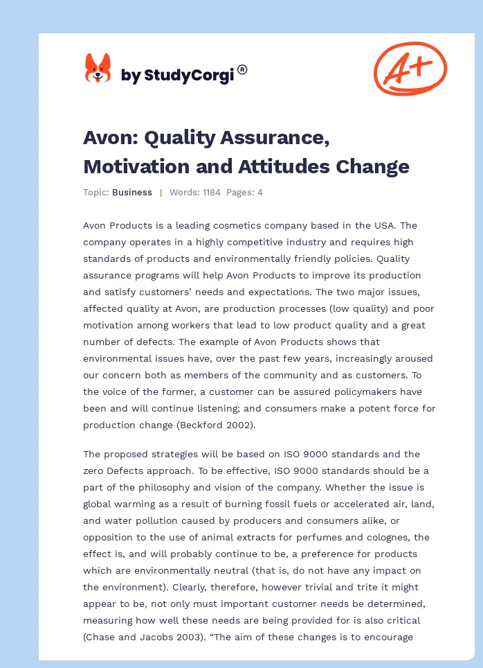 Avon: Quality Assurance, Motivation and Attitudes Change. Page 1