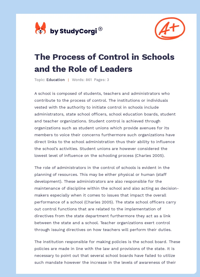 The Process of Control in Schools and the Role of Leaders. Page 1