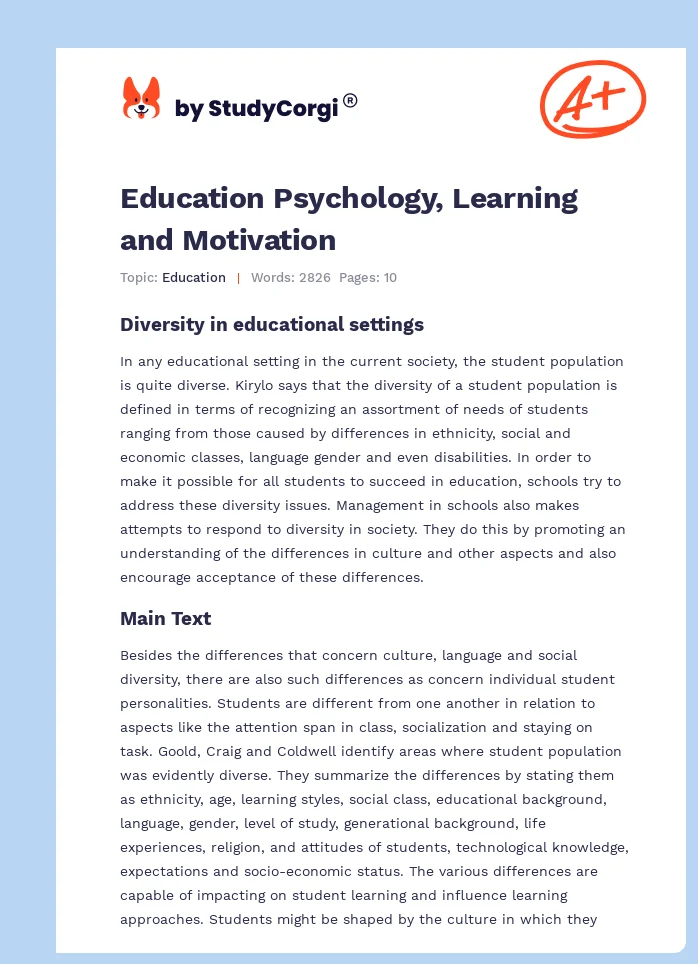 Education Psychology, Learning and Motivation. Page 1