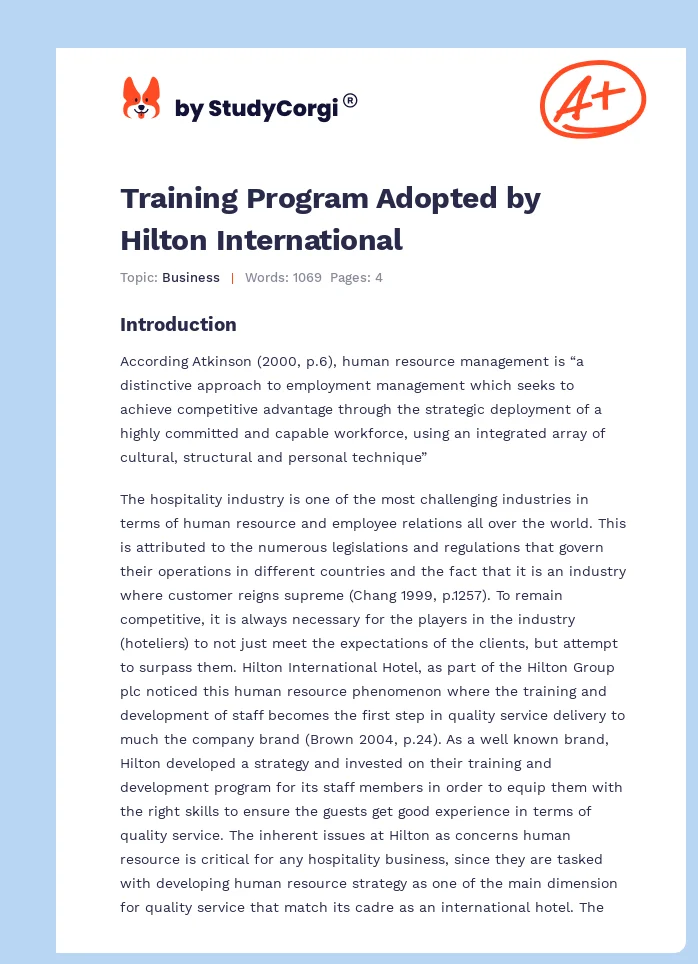 Training Program Adopted by Hilton International. Page 1