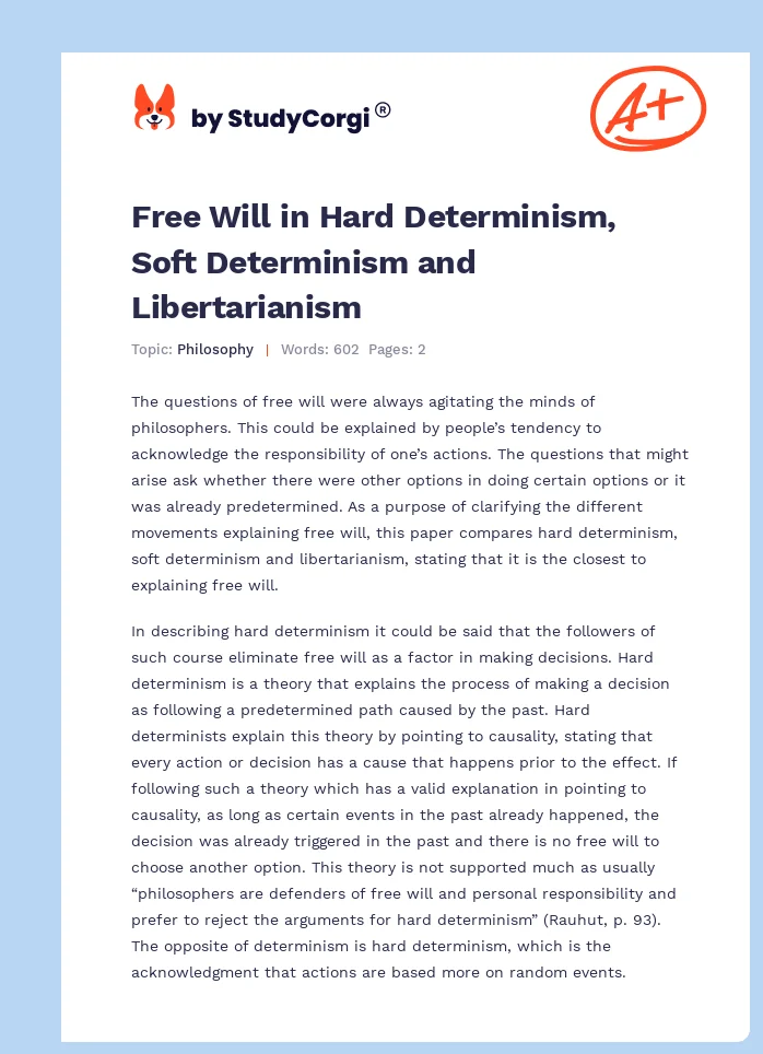 Free Will in Hard Determinism, Soft Determinism and Libertarianism. Page 1