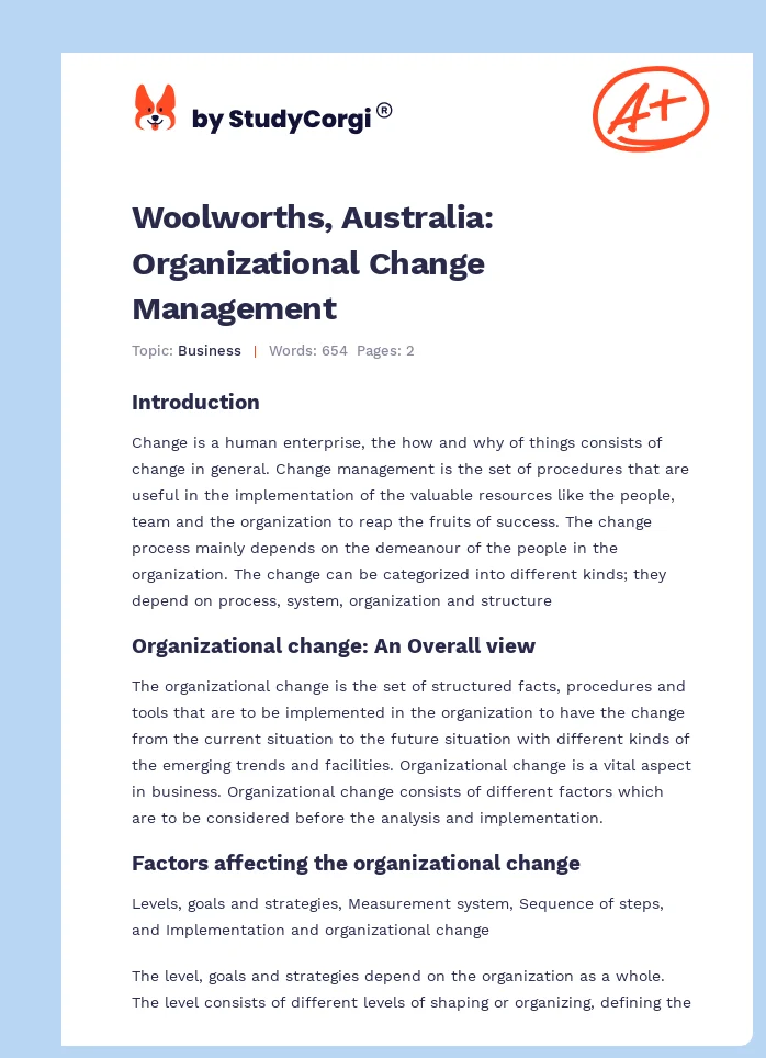 Woolworths, Australia: Organizational Change Management. Page 1