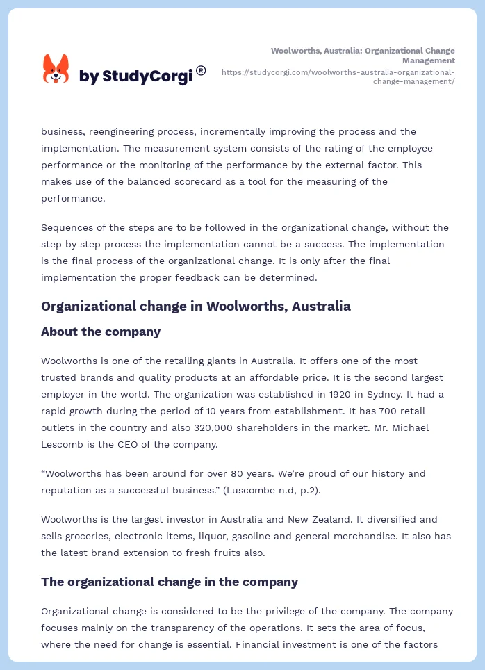 Woolworths, Australia: Organizational Change Management. Page 2