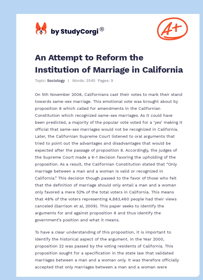 An Attempt to Reform the Institution of Marriage in California. Page 1