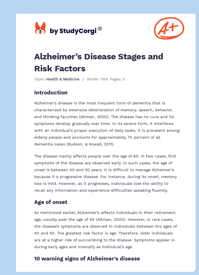 Alzheimer’s Disease Stages and Risk Factors. Page 1
