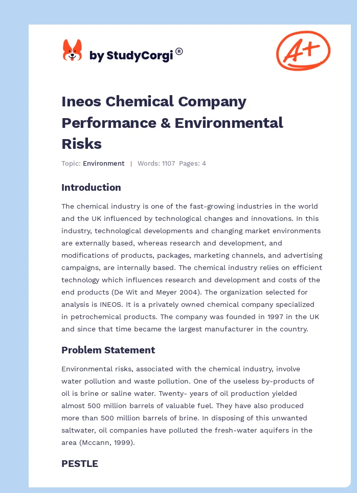 Ineos Chemical Company Performance & Environmental Risks. Page 1