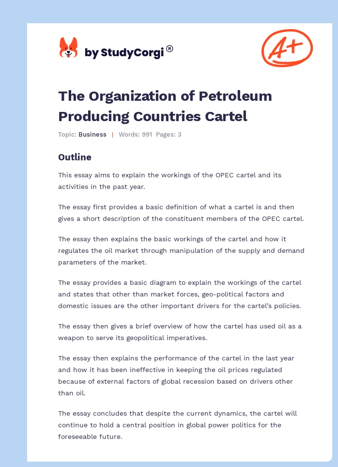 The Organization of Petroleum Producing Countries Cartel. Page 1