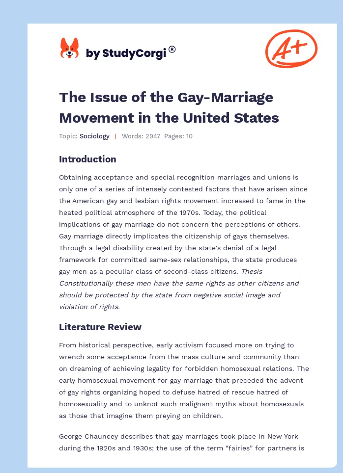 The Issue of the Gay-Marriage Movement in the United States. Page 1