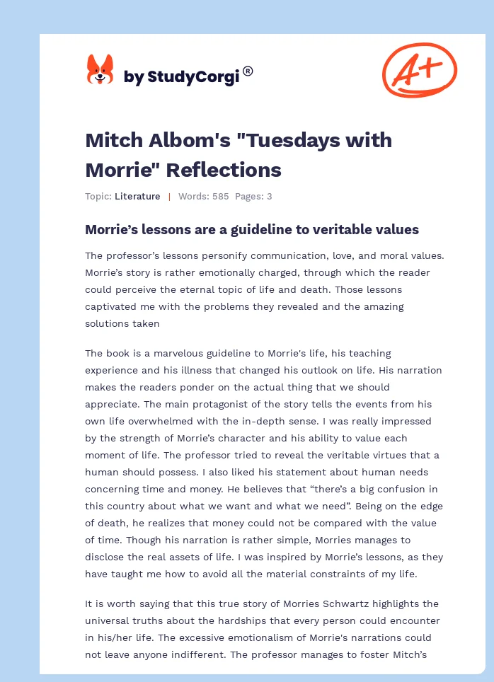 Mitch Albom's "Tuesdays with Morrie" Reflections. Page 1