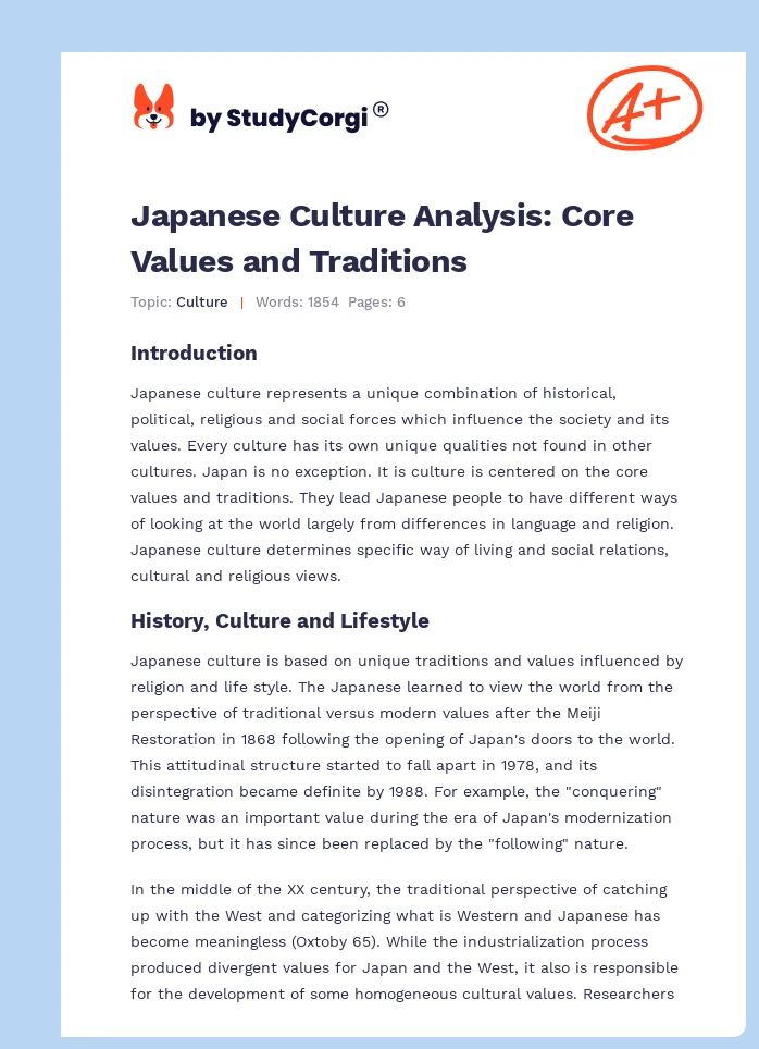 Japanese Culture Analysis: Core Values and Traditions. Page 1