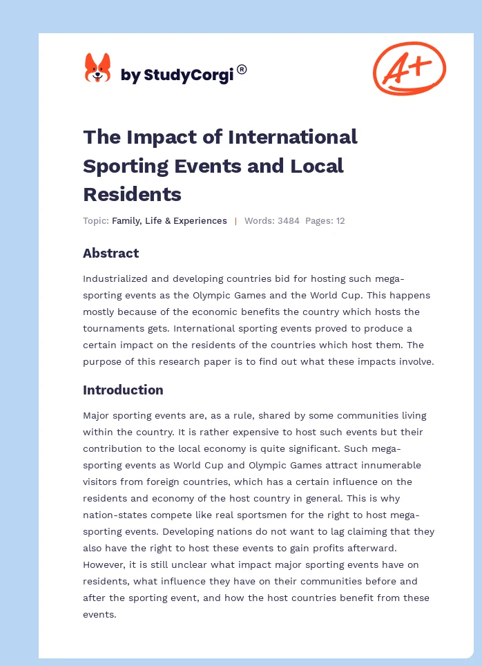 The Impact of International Sporting Events and Local Residents. Page 1