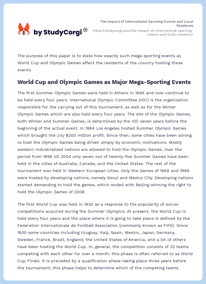 The Impact of International Sporting Events and Local Residents. Page 2