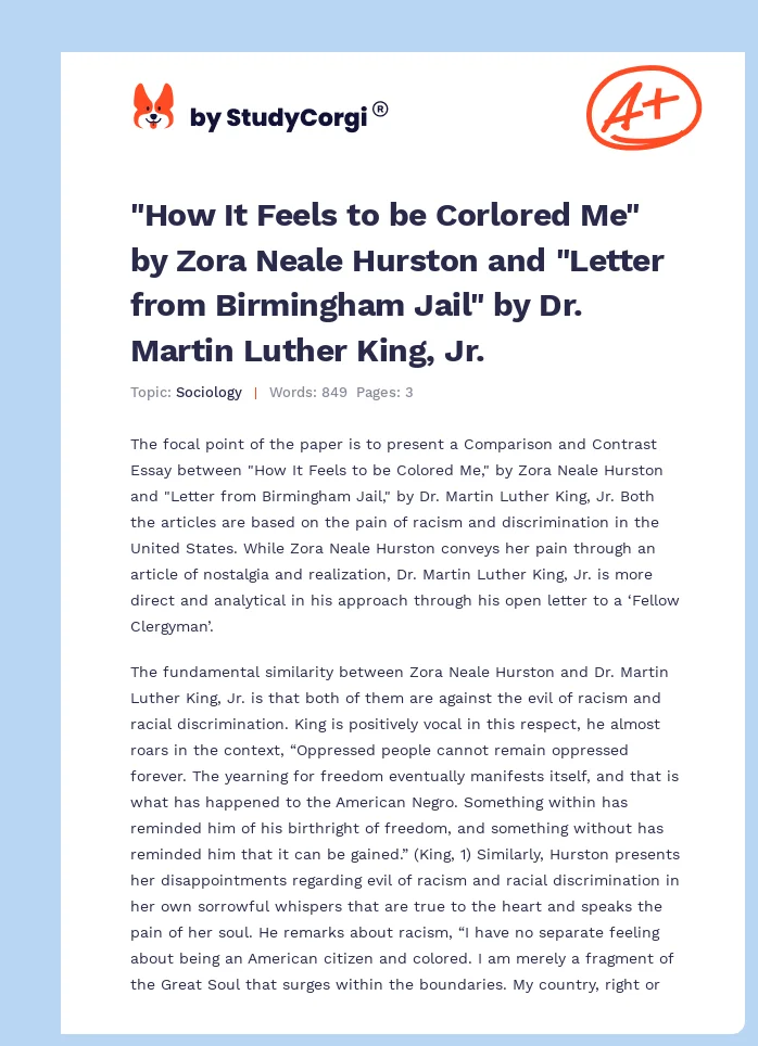 "How It Feels to be Corlored Me" by Zora Neale Hurston and "Letter from Birmingham Jail" by Dr. Martin Luther King, Jr.. Page 1