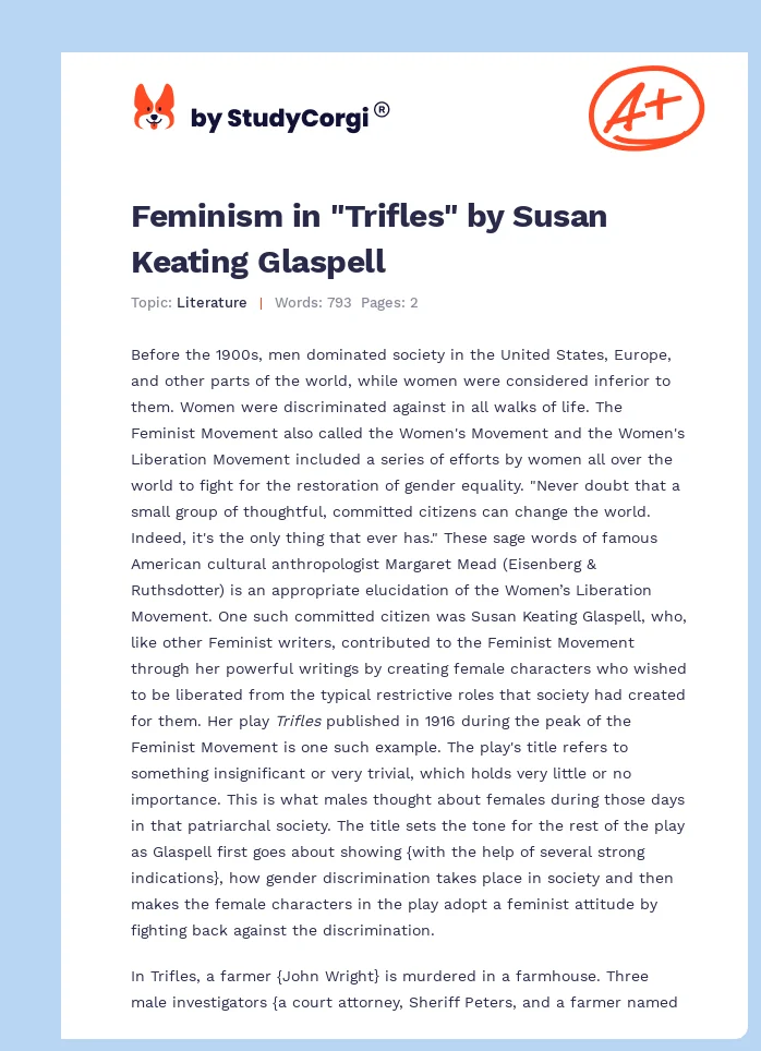 Feminism in "Trifles" by Susan Keating Glaspell. Page 1