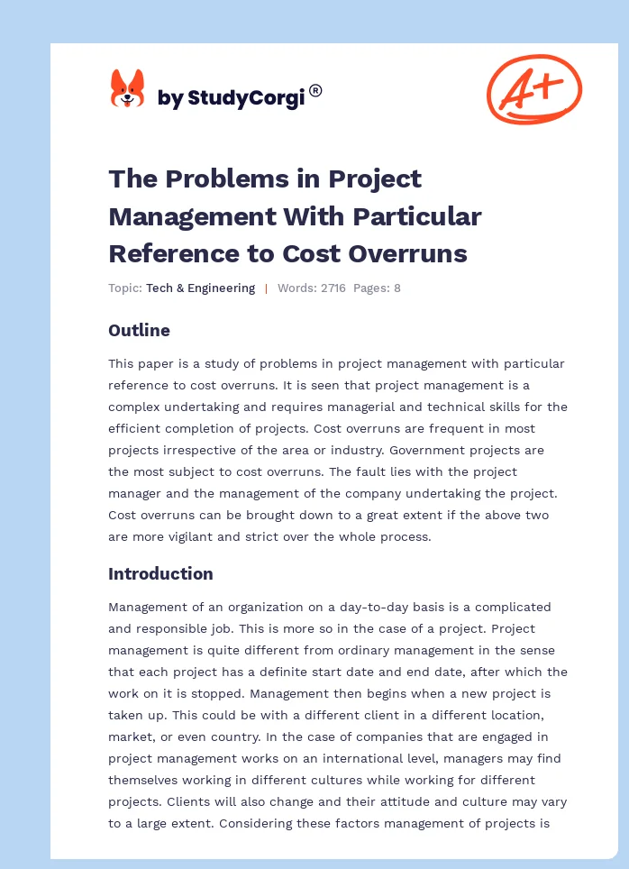 The Problems in Project Management With Particular Reference to Cost Overruns. Page 1