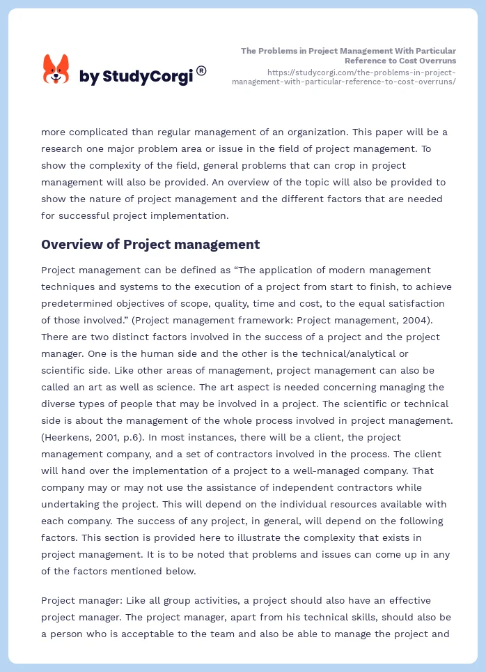 The Problems in Project Management With Particular Reference to Cost Overruns. Page 2
