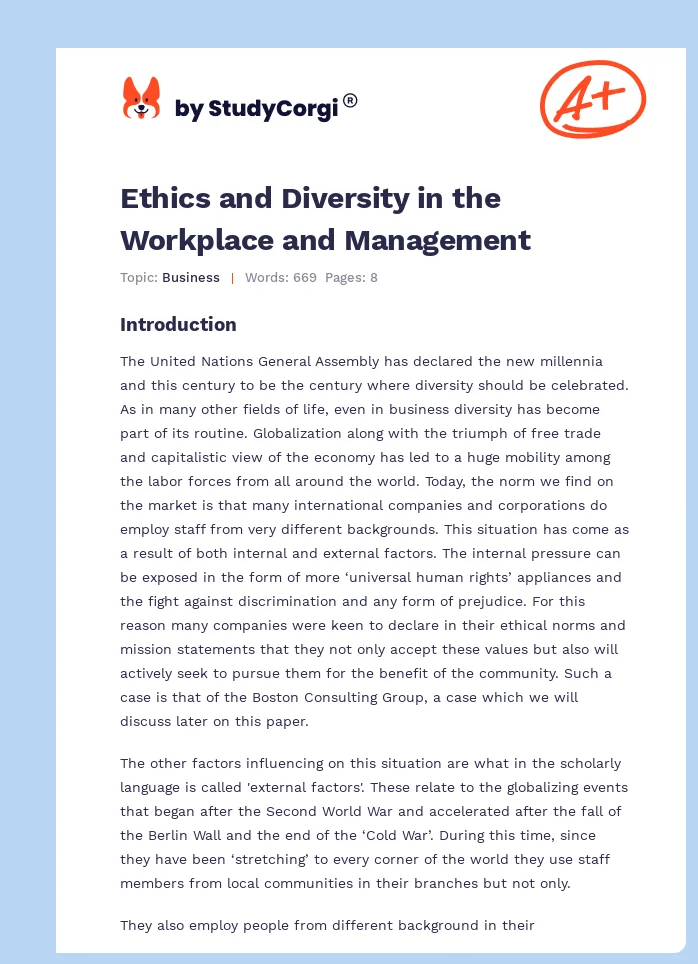 Ethics and Diversity in the Workplace and Management. Page 1
