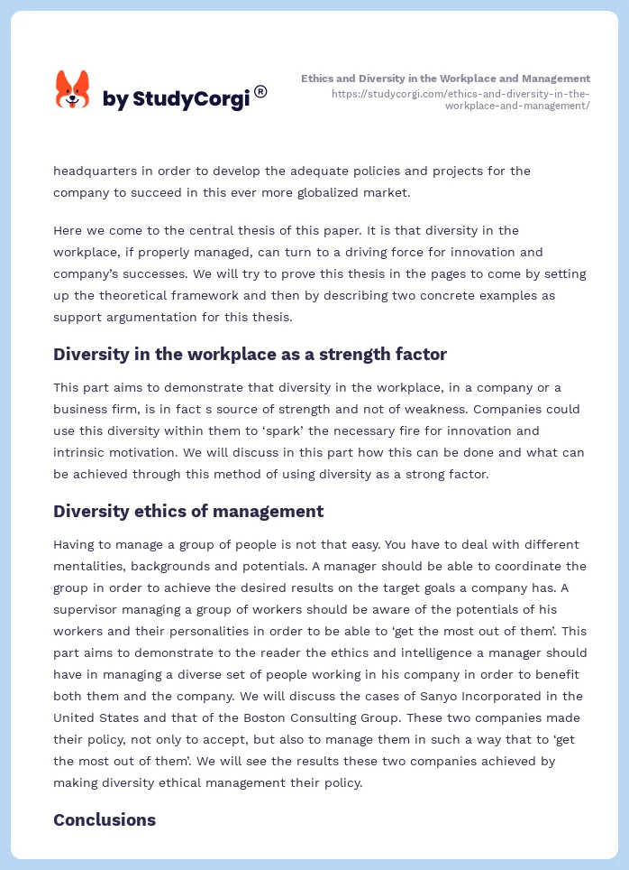 Ethics and Diversity in the Workplace and Management. Page 2