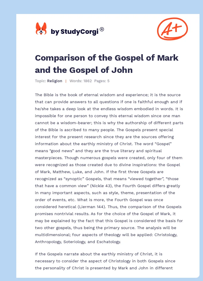 Comparison of the Gospel of Mark and the Gospel of John. Page 1
