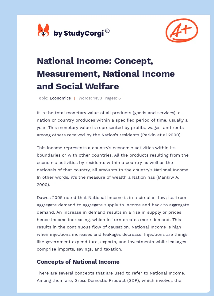 National Income: Concept, Measurement, National Income and Social Welfare. Page 1
