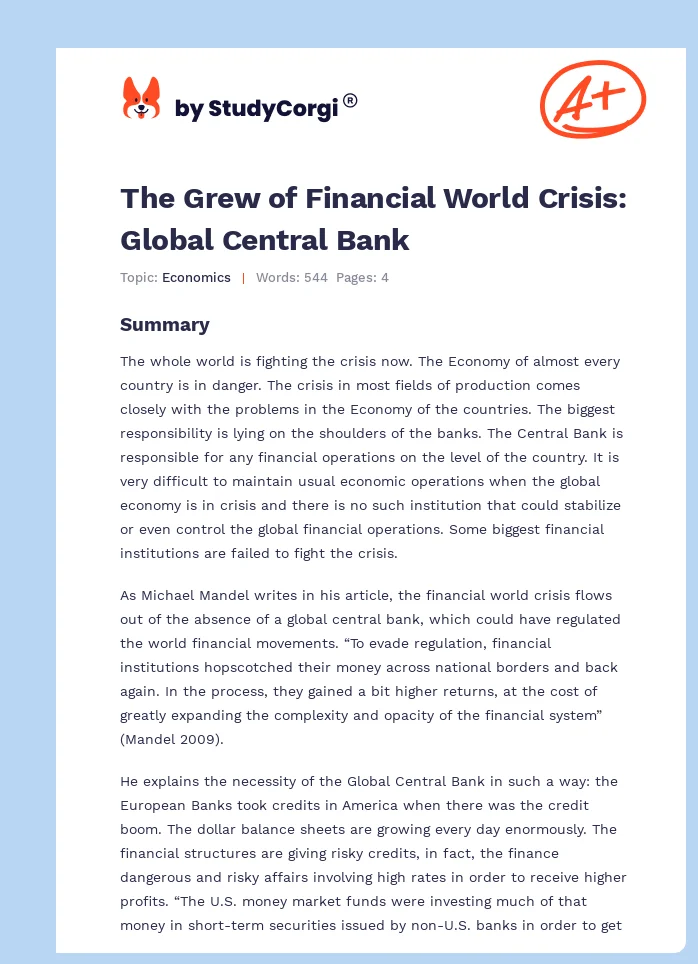 The Grew of Financial World Crisis: Global Central Bank. Page 1