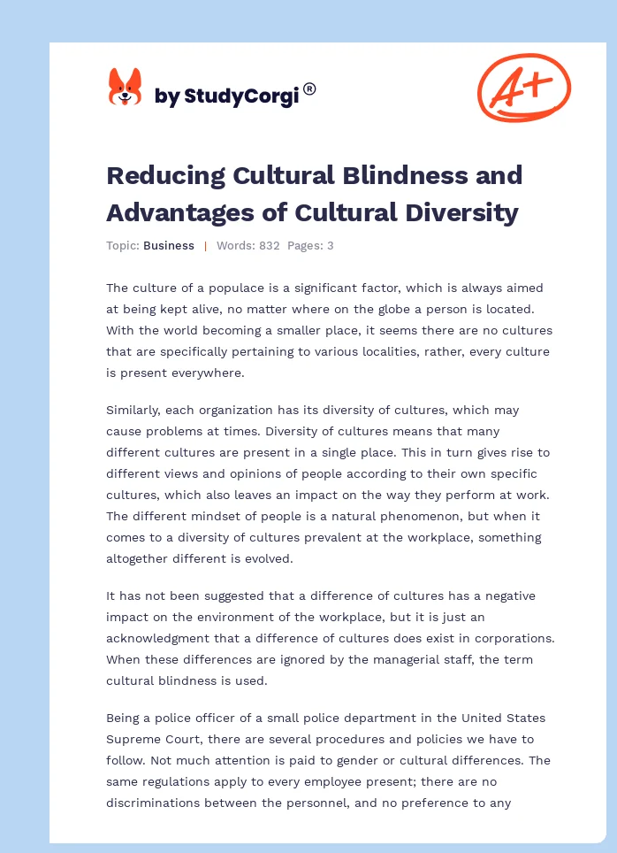 Reducing Cultural Blindness and Advantages of Cultural Diversity. Page 1