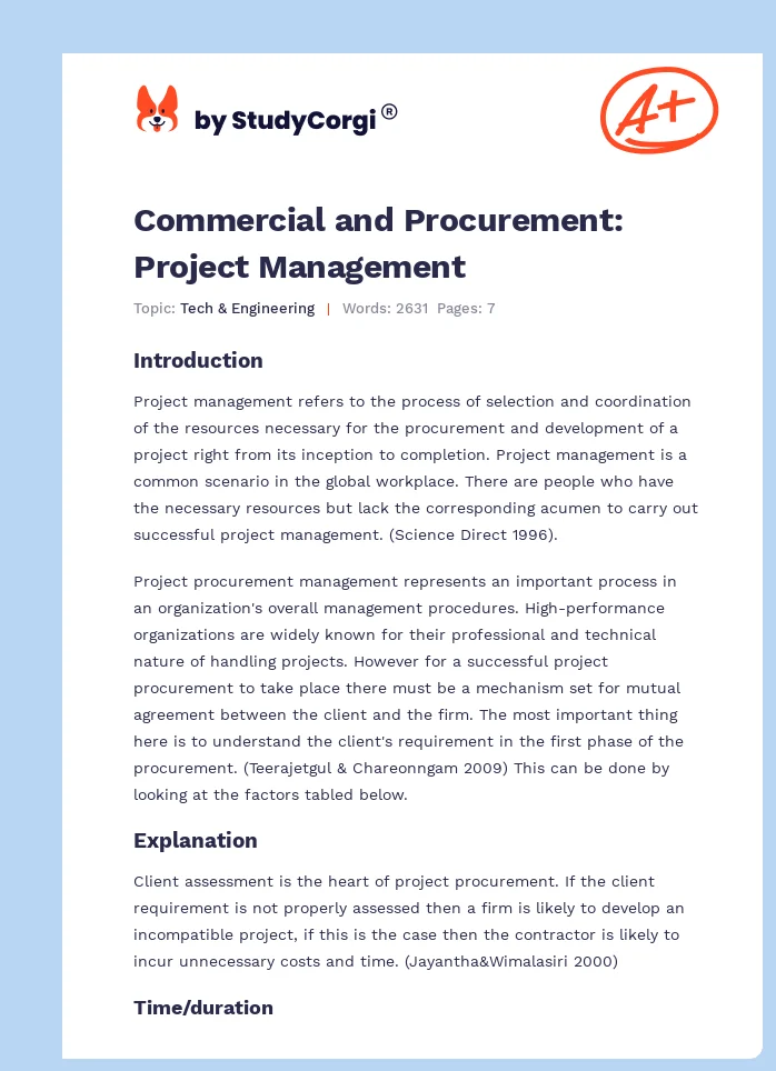 Commercial and Procurement: Project Management. Page 1
