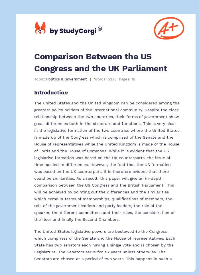 Comparison Between the US Congress and the UK Parliament. Page 1