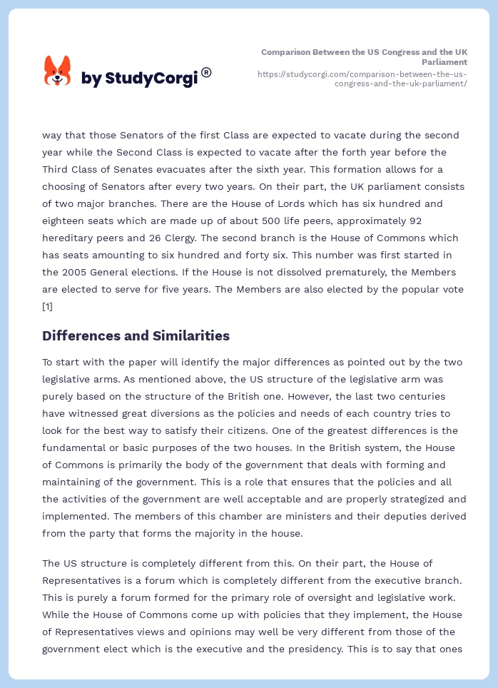 Comparison Between the US Congress and the UK Parliament. Page 2