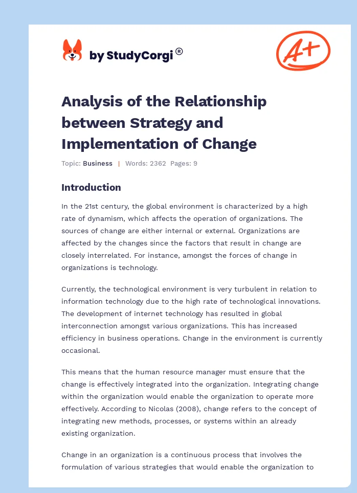 Analysis of the Relationship between Strategy and Implementation of Change. Page 1