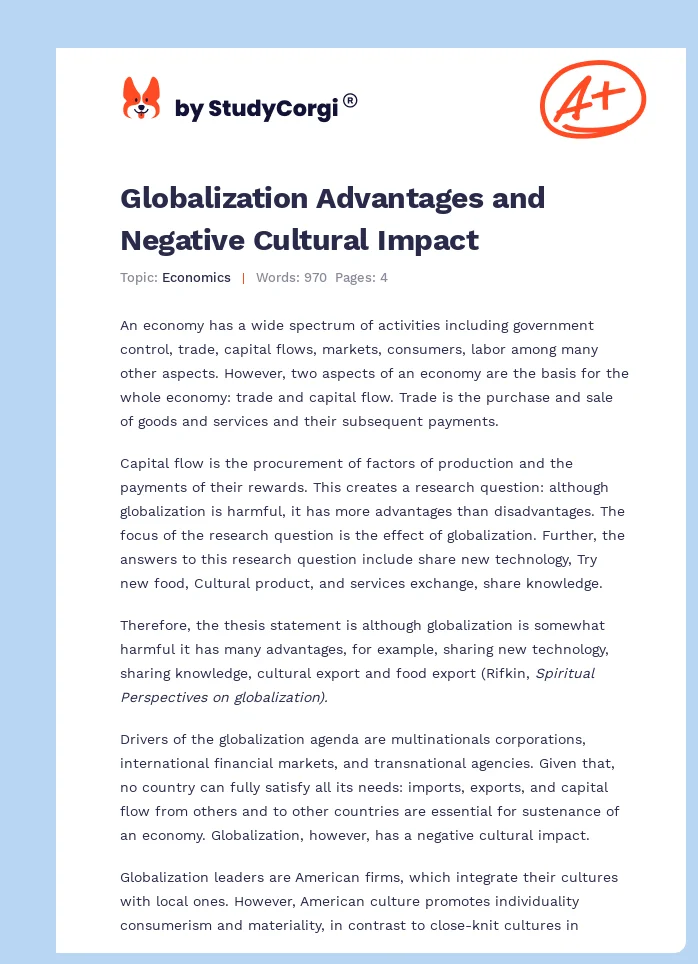 Globalization Advantages and Negative Cultural Impact. Page 1