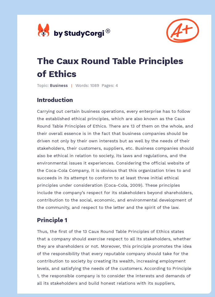 The Caux Round Table Principles of Ethics. Page 1