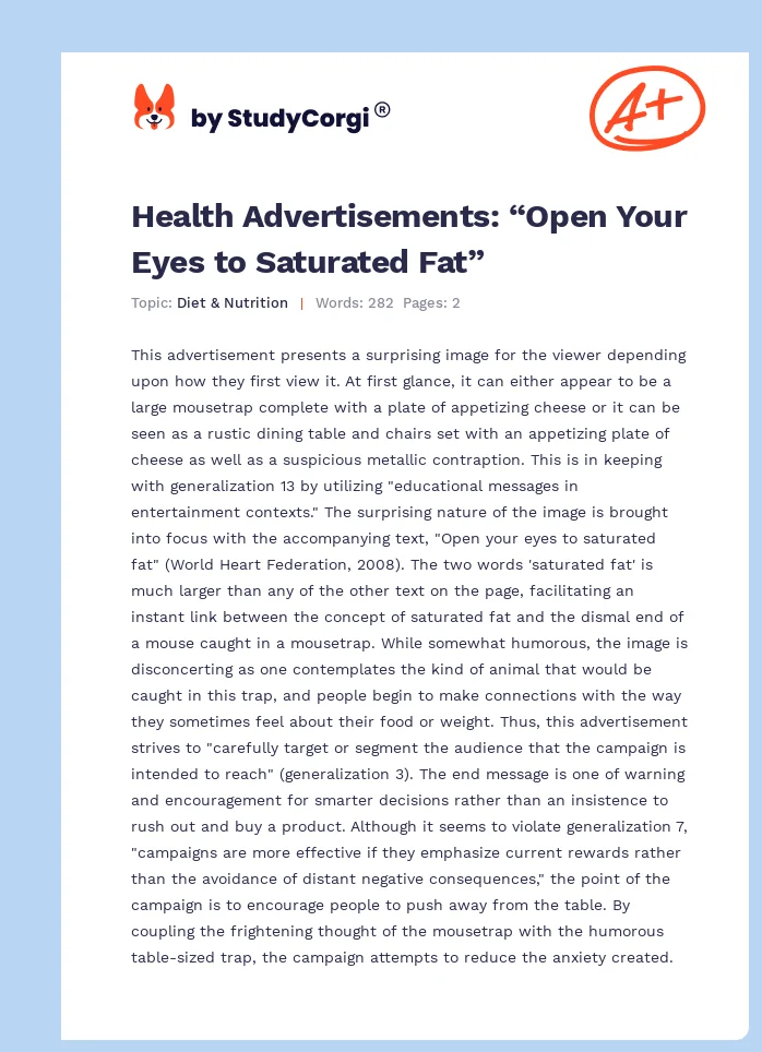 Health Advertisements: “Open Your Eyes to Saturated Fat”. Page 1