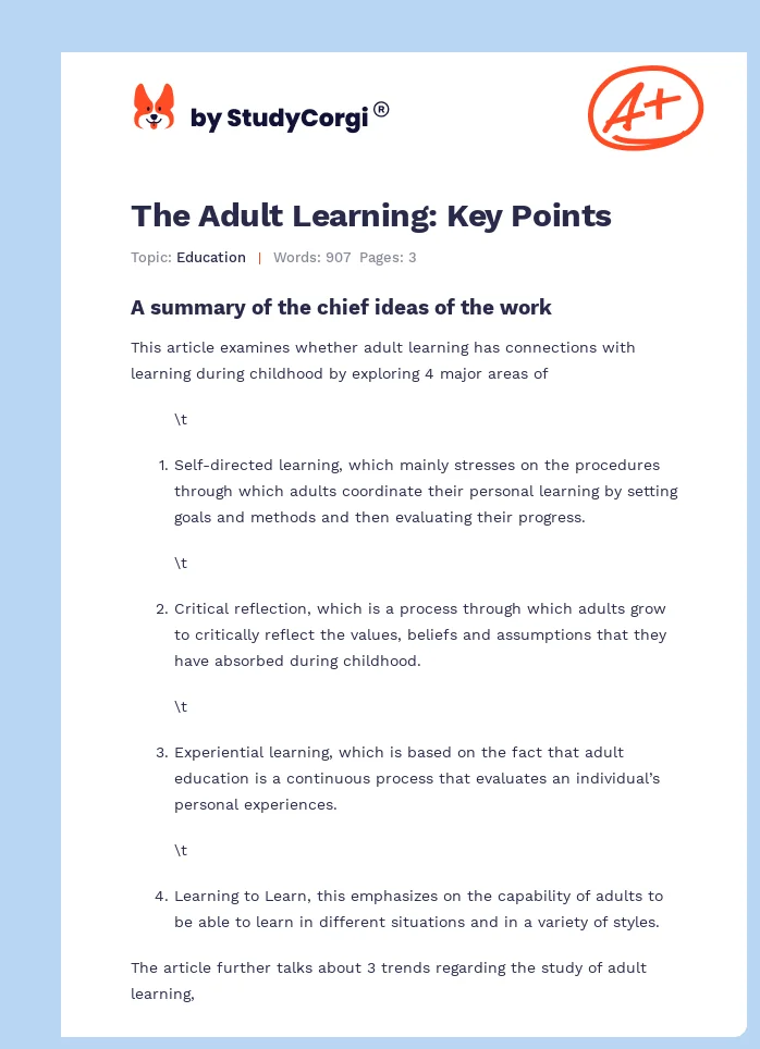 The Adult Learning: Key Points. Page 1