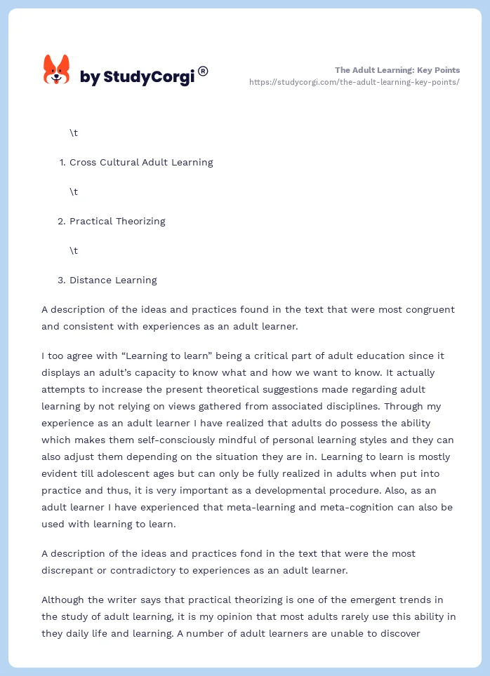 The Adult Learning: Key Points. Page 2