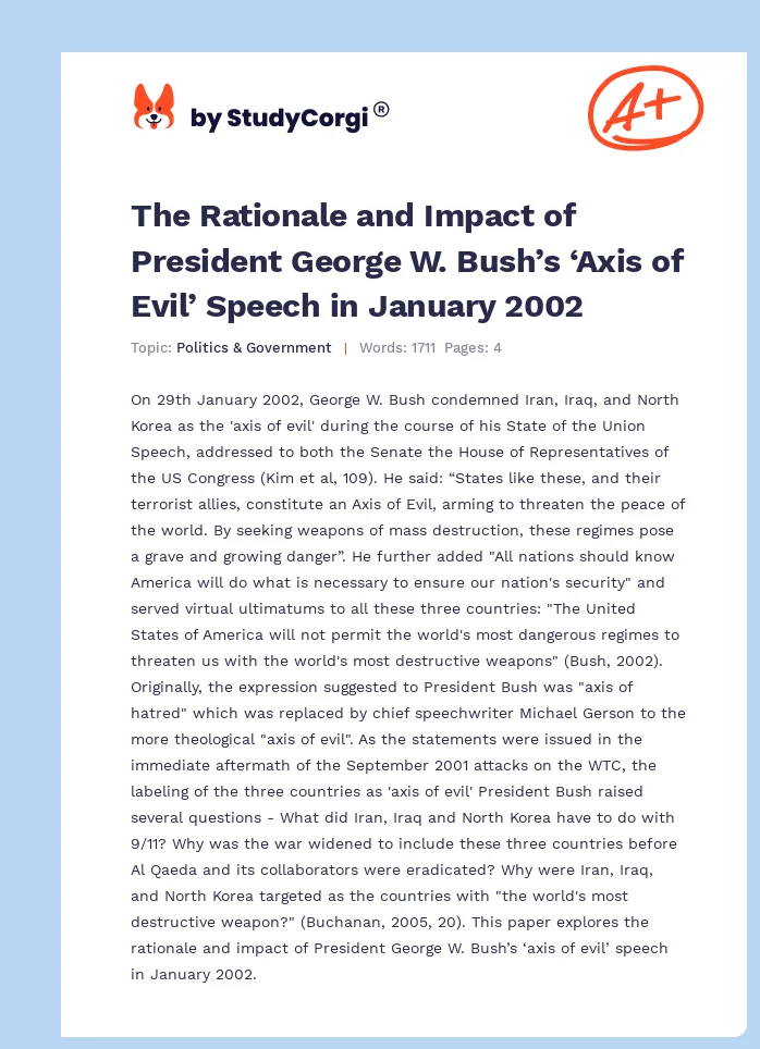 The Rationale and Impact of President George W. Bush’s ‘Axis of Evil’ Speech in January 2002. Page 1