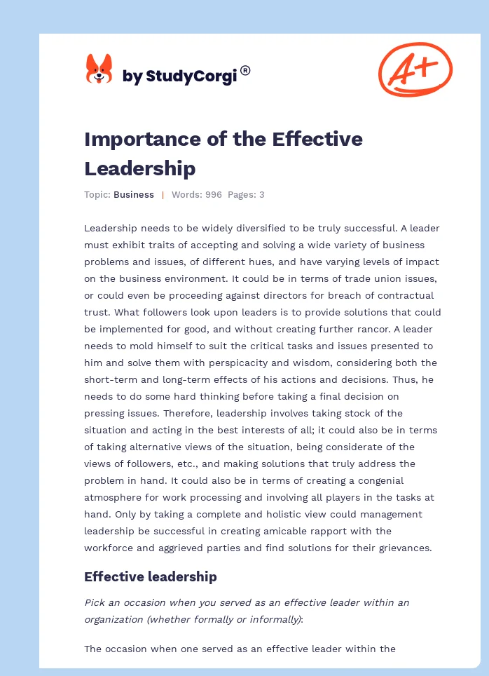 Importance of the Effective Leadership. Page 1