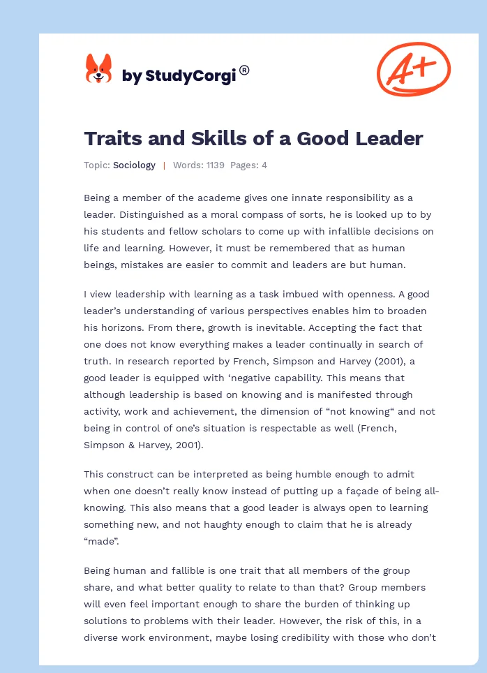 Traits and Skills of a Good Leader. Page 1
