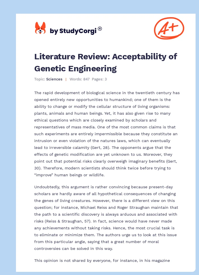 Literature Review: Acceptability of Genetic Engineering. Page 1
